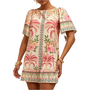 image:imageFloerns Womens Tropical Summer Dresses Puff Sleeve Crewneck Beach Vacation Tunic DressApricot