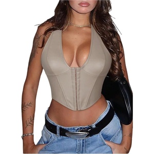 image:imageFloerns Womens Y2K PU Leather Halter Neck Crop Tank TopBeige