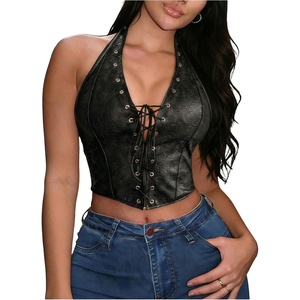 image:imageFloerns Womens Y2K PU Leather Halter Neck Crop Tank TopBlack Leaf