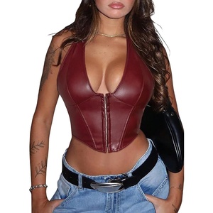 image:imageFloerns Womens Y2K PU Leather Halter Neck Crop Tank TopBurgundy