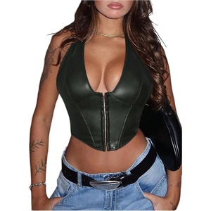 image:imageFloerns Womens Y2K PU Leather Halter Neck Crop Tank TopDark Green