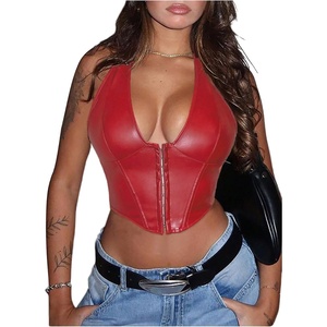image:imageFloerns Womens Y2K PU Leather Halter Neck Crop Tank TopRed