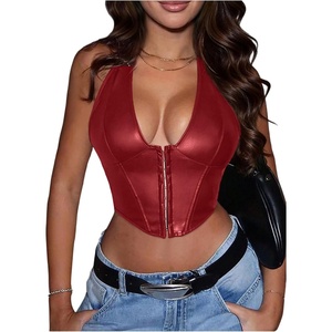 image:imageFloerns Womens Y2K PU Leather Halter Neck Crop Tank TopTrue Red