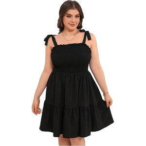 image:imageWomens Plus Size Tie Shoulder Smocked Sundress Ruffle Straps Vacation Flowy Shorts DressBlack