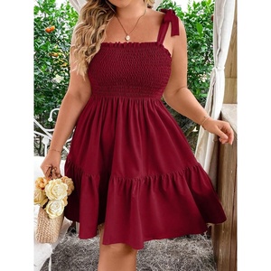 image:imageWomens Plus Size Tie Shoulder Smocked Sundress Ruffle Straps Vacation Flowy Shorts DressBurgundy