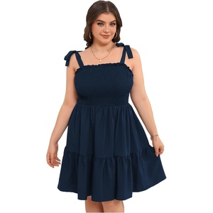 image:imageWomens Plus Size Tie Shoulder Smocked Sundress Ruffle Straps Vacation Flowy Shorts DressDark Blue