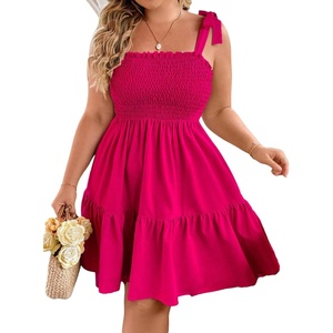 image:imageWomens Plus Size Tie Shoulder Smocked Sundress Ruffle Straps Vacation Flowy Shorts DressHot Pink