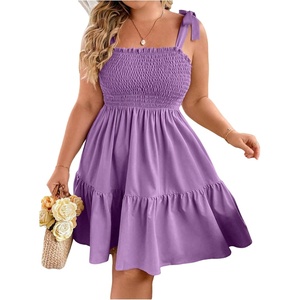 image:imageWomens Plus Size Tie Shoulder Smocked Sundress Ruffle Straps Vacation Flowy Shorts DressMauve Purple