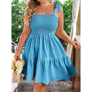 image:imageWomens Plus Size Tie Shoulder Smocked Sundress Ruffle Straps Vacation Flowy Shorts DressMint Blue