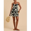 image:imageFloerns Womens Boho Tropical Leaf Shirred Spaghetti Strap Mini DressesBlack White Tropical