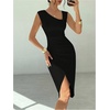 image:imageFloerns Womens Elegant Asymmetrical Neck Midi Dress Sleeveless Bodycon Formal Prom DressesBlack