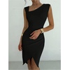 image:imageFloerns Womens Elegant Asymmetrical Neck Midi Dress Sleeveless Bodycon Formal Prom DressesBlack