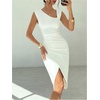 image:imageFloerns Womens Elegant Asymmetrical Neck Midi Dress Sleeveless Bodycon Formal Prom DressesWhite