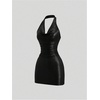 image:imageFloerns Womens Faux Leather Halter Dress Draped Front Ruched Bodycon Date Night Mini DressesBlack