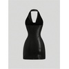 image:imageFloerns Womens Faux Leather Halter Dress Draped Front Ruched Bodycon Date Night Mini DressesBlack