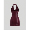 image:imageFloerns Womens Faux Leather Halter Dress Draped Front Ruched Bodycon Date Night Mini DressesBurgundy