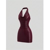 image:imageFloerns Womens Faux Leather Halter Dress Draped Front Ruched Bodycon Date Night Mini DressesBurgundy