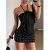 image:imageFloerns Womens Halter Y2K Rivet Backless Ruched Bodycon Mini DressBlack
