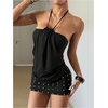 image:imageFloerns Womens Halter Y2K Rivet Backless Ruched Bodycon Mini DressBlack
