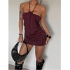 image:imageFloerns Womens Halter Y2K Rivet Backless Ruched Bodycon Mini DressBurgundy