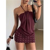 image:imageFloerns Womens Halter Y2K Rivet Backless Ruched Bodycon Mini DressBurgundy