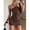 image:imageFloerns Womens Halter Y2K Rivet Backless Ruched Bodycon Mini DressCoffee