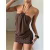 image:imageFloerns Womens Halter Y2K Rivet Backless Ruched Bodycon Mini DressCoffee