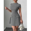 image:imageFloerns Womens Houndstooth Print High Neck Mini Dress Short Sleeve Bodycon DressesBlack and White