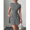 image:imageFloerns Womens Houndstooth Print High Neck Mini Dress Short Sleeve Bodycon DressesBlack and White
