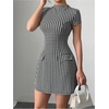image:imageFloerns Womens Houndstooth Print High Neck Mini Dress Short Sleeve Bodycon DressesBlack and White