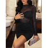 image:imageFloerns Womens Long Sleeve Mock Neck Party Dress Sheer Mesh Bodycon Mini DressesBlack