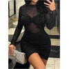 image:imageFloerns Womens Long Sleeve Mock Neck Party Dress Sheer Mesh Bodycon Mini DressesBlack