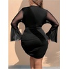 image:imageFloerns Womens Plus Size Deep V Neck Lace Dress Long Bell Sleeve Wrap Party Mini DressesBlack