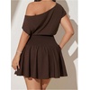 image:imageFloerns Womens Plus Size Off The Shoulder Summer Short Sleeve Mini DressBrown