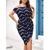image:imageFloerns Womens Plus Size Printed Asymmetrical Neck Twist Dress Party Elegant Midi DressesBlue and Gold