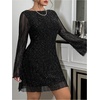 image:imageFloerns Womens Plus Size Sequin Backless Bell Sleeve Mesh Party Bodycon Mini DressBlack