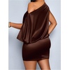 image:imageFloerns Womens Satin Asymmetrical Off The Shoulder Dress Sleeveless Party Cocktail Mini DressesCoffee Brown