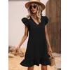 image:imageFloerns Womens Solid V Neck Ruffle Trim Cap Sleeve Summer Tunic DressJet Black