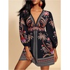 image:imageFloerns Womens Tropical Mini Dress Lantern Sleeve V Neck Beach Vacation Summer DressesBlack