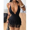 image:imageFloerns Womens Y2k Lace Dress Tie Backless Halter Neck Layered Ruffle Rave Concert Outfits Mini DressesBlack