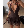 image:imageFloerns Womens Y2k Lace Dress Tie Backless Halter Neck Layered Ruffle Rave Concert Outfits Mini DressesBrown