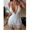 image:imageFloerns Womens Y2k Lace Dress Tie Backless Halter Neck Layered Ruffle Rave Concert Outfits Mini DressesWhite