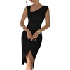 image:imageFloerns Womens Elegant Asymmetrical Neck Midi Dress Sleeveless Bodycon Formal Prom DressesBlack