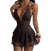 image:imageFloerns Womens Y2k Lace Dress Tie Backless Halter Neck Layered Ruffle Rave Concert Outfits Mini DressesBrown