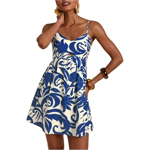 image:imageFloerns Womens Boho Tropical Leaf Shirred Spaghetti Strap Mini DressesBlue White Tropical
