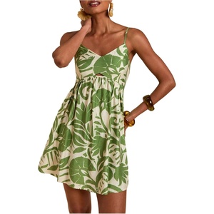 image:imageFloerns Womens Boho Tropical Leaf Shirred Spaghetti Strap Mini DressesGreen Tropical Leaf