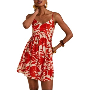 image:imageFloerns Womens Boho Tropical Leaf Shirred Spaghetti Strap Mini DressesRed White Tropical