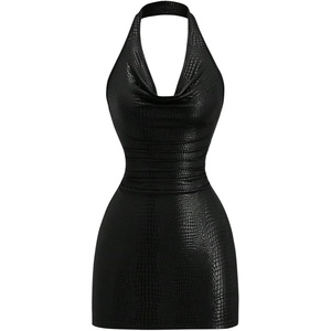 image:imageFloerns Womens Faux Leather Halter Dress Draped Front Ruched Bodycon Date Night Mini DressesBlack