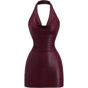 image:imageFloerns Womens Faux Leather Halter Dress Draped Front Ruched Bodycon Date Night Mini DressesBurgundy