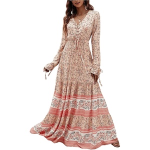 image:imageFloerns Womens Floral Print Boho V Neck Long Sleeve Flowy Maxi DressApricot